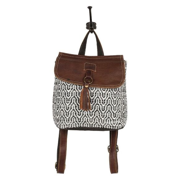 Myra Bag Handmade Leffis Backpack Upcycled Canvas & Cowhide Leather - Picture 4 of 6